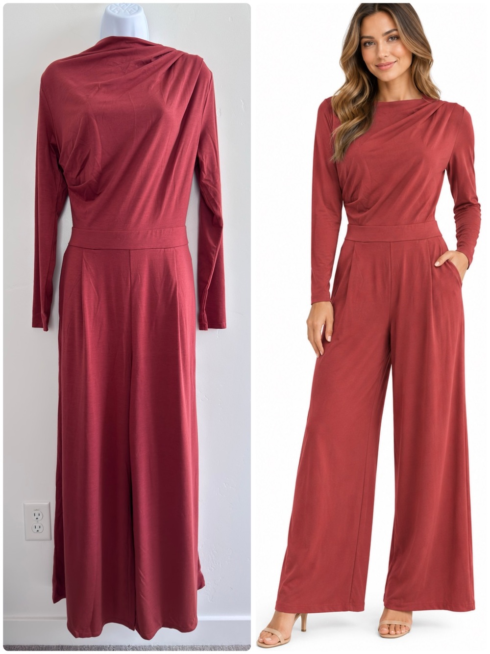 NWT Halara Draped Cowl Neck Wide Leg Jumpsuit Rust Long Sleeve Pockets Size L
